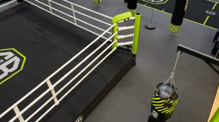 Dubai martial arts club with a boxing ring and hanging punch bags