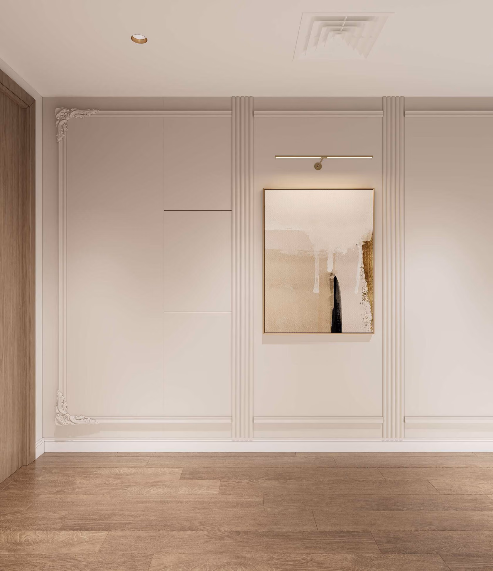 City Walk apartment with warm neutral walls, parquet flooring and recessed lighting