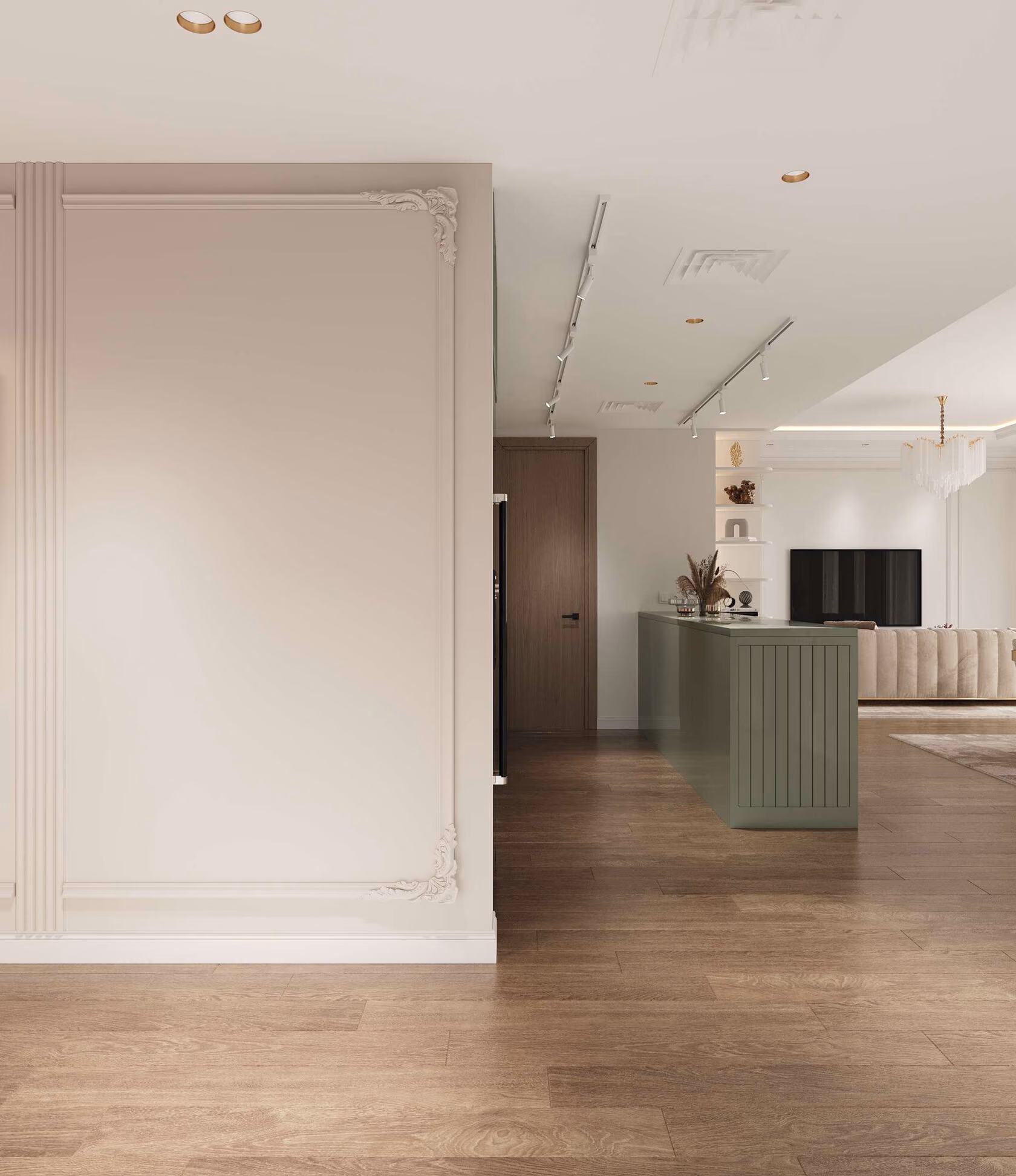 Open living area in the City Walk apartment with parquet and a view into the kitchen