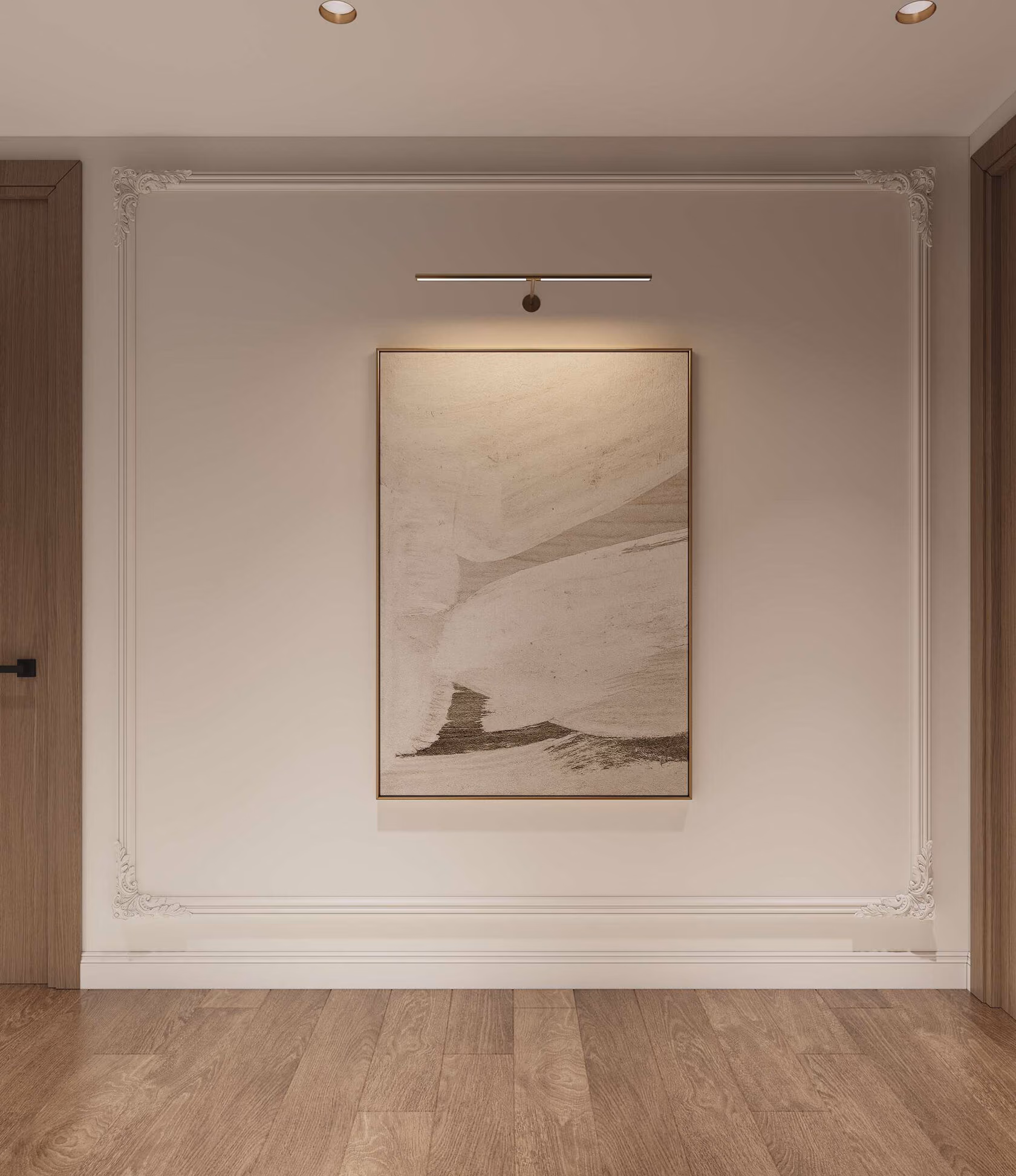 Framed artwork and wall lighting in the renovated City Walk apartment