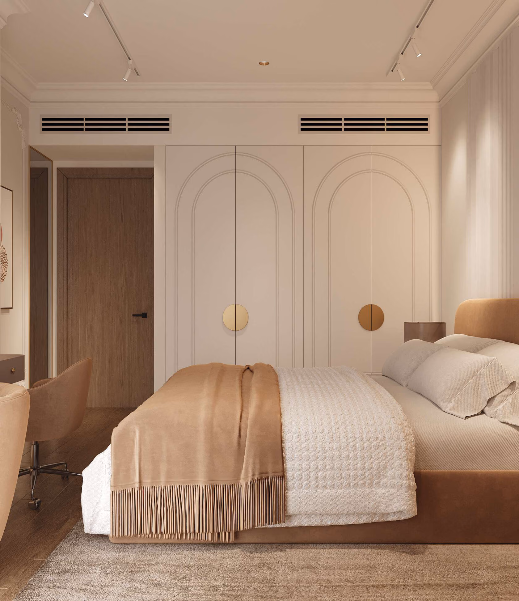 City Walk apartment bedroom with full-height wardrobes and warm bedside lighting