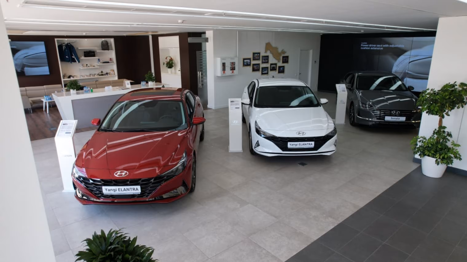 Red and white cars displayed inside the Hyundai showroom