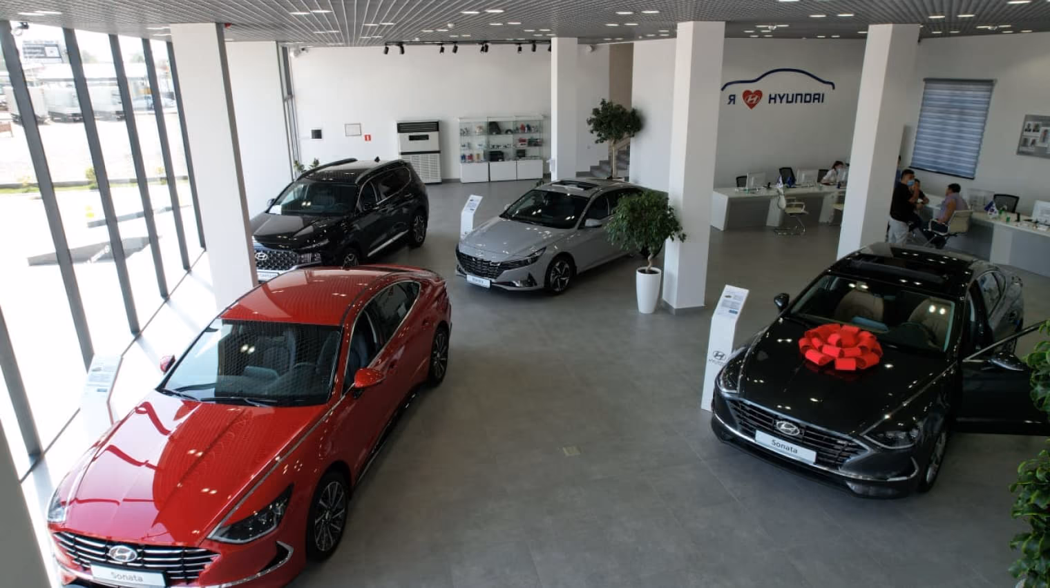 Hyundai showroom vehicle displays beside full-height glazed frontage