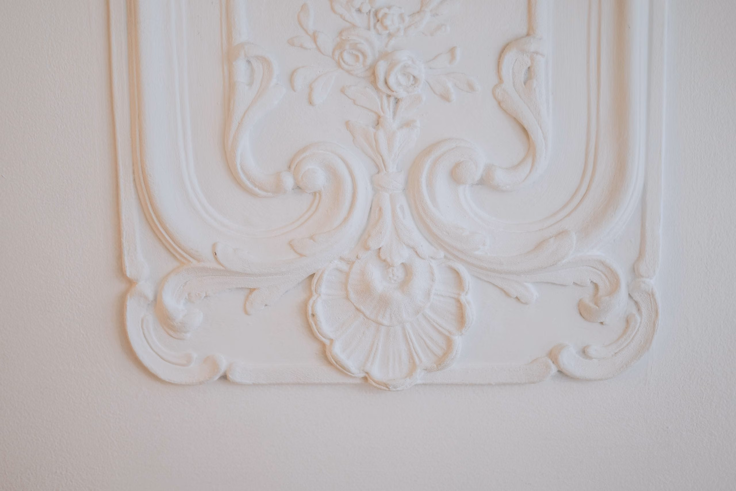 Close-up of an ornate white plaster wall moulding with scrolls and a shell motif