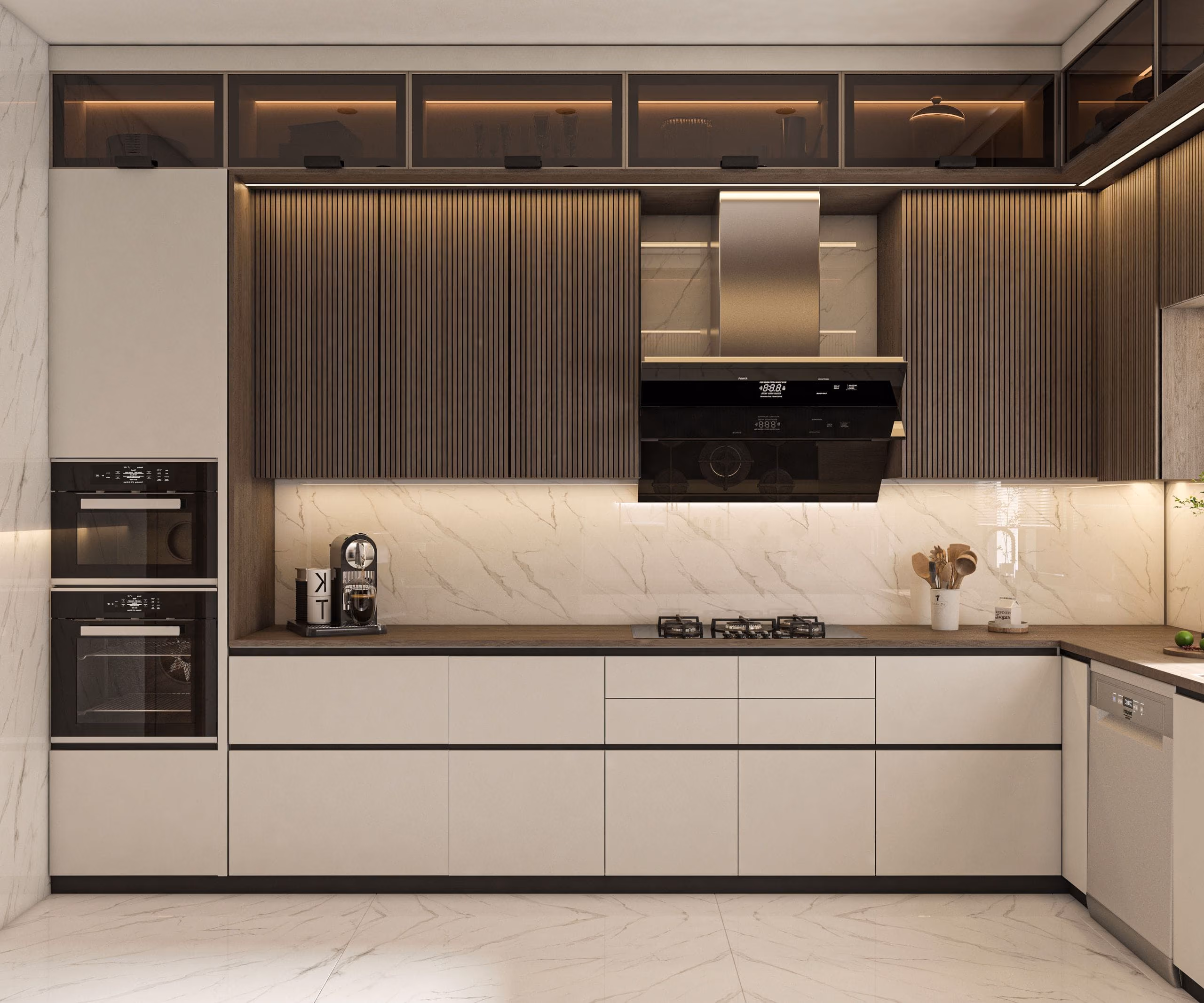 Modern kitchen with large white marble-look floor tiles, fluted cabinets and built-in ovens