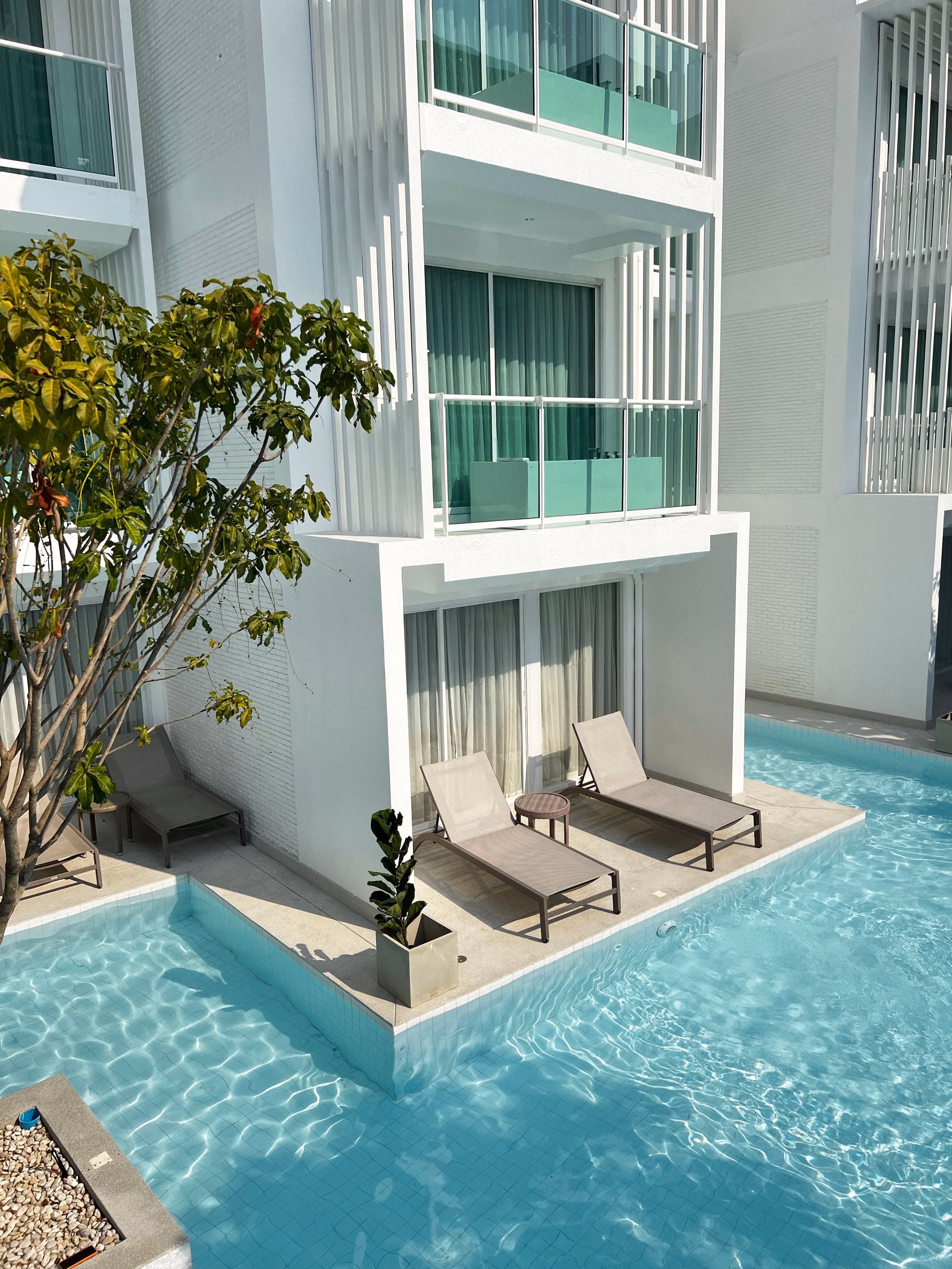 White modern residence with ground-floor pool terraces, sun loungers and green trees