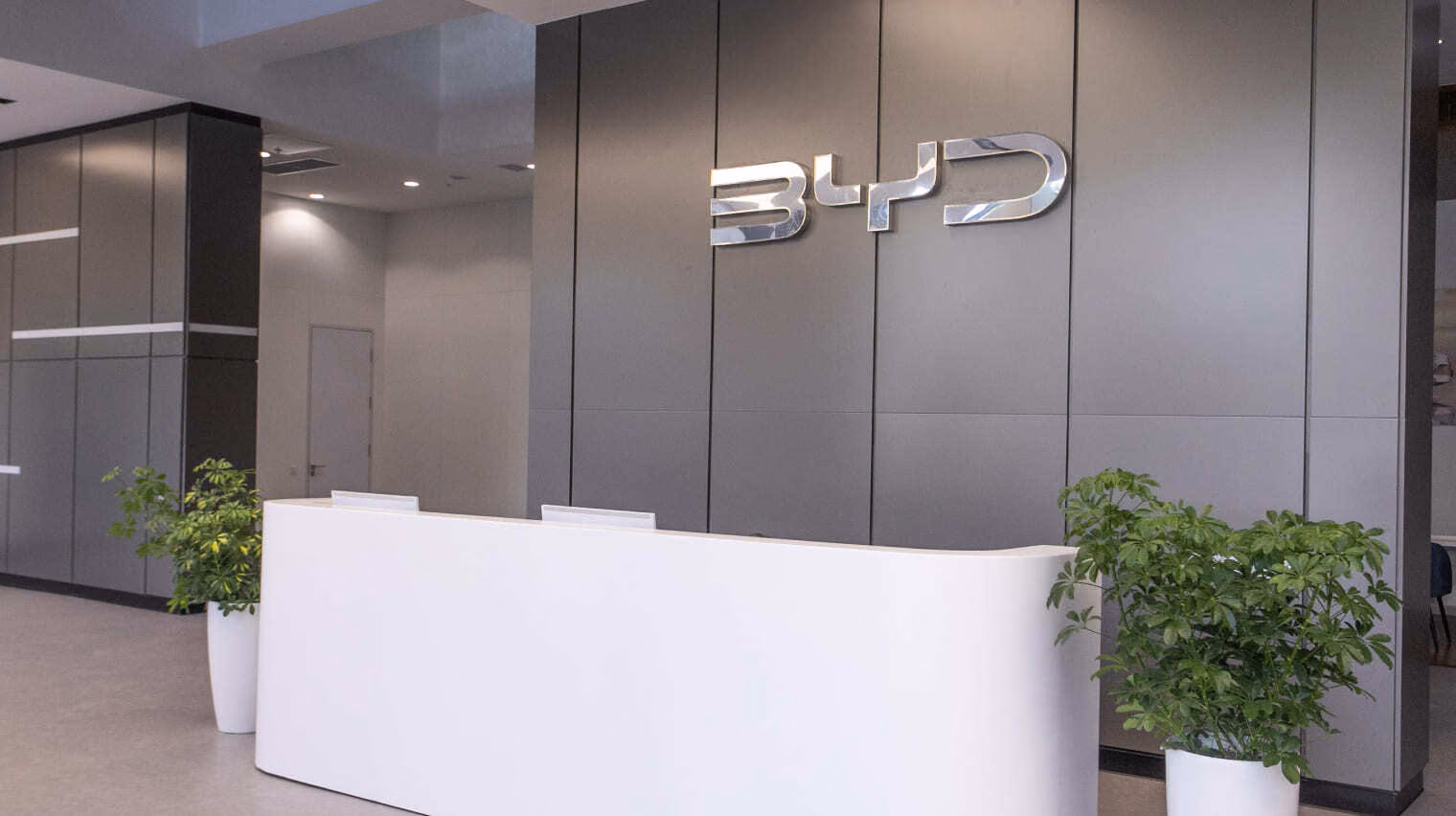 Стойка ресепшен BYD на фоне серых стеновых панелей